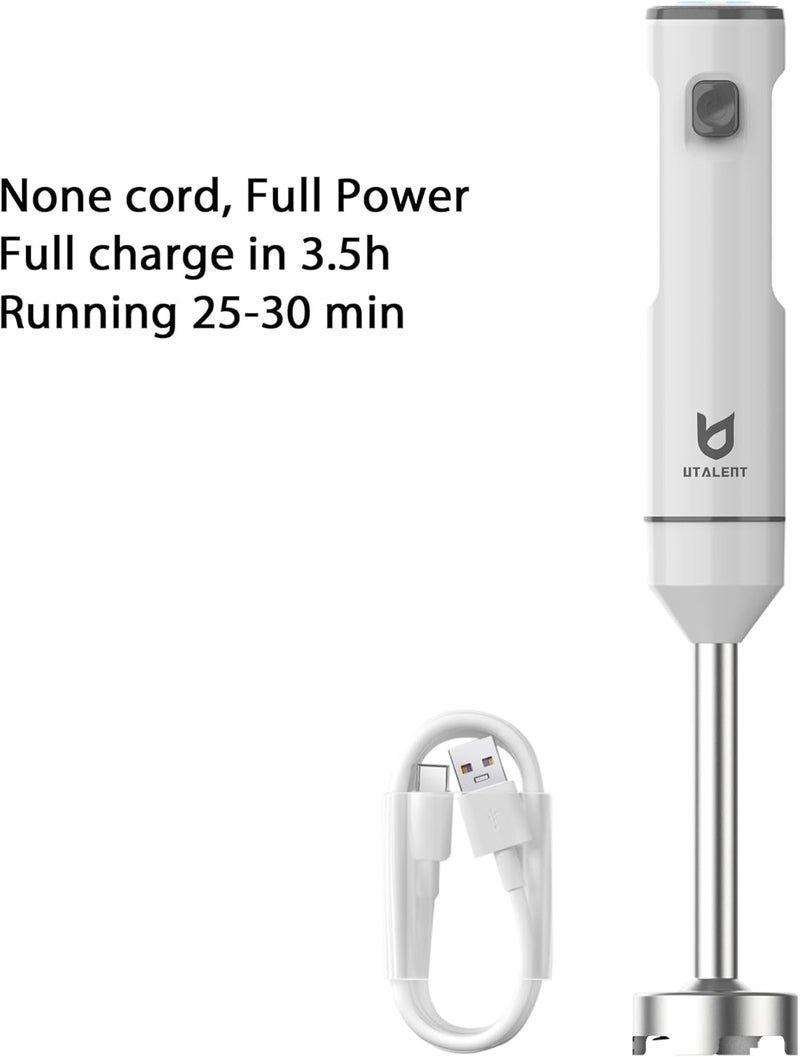 UTALENT Cordless Hand Blender, Variable Speed Immersion Blender handheld Rechargeable, with USB-C Charging Cable, Egg Whisk, for Smoothies, Milkshakes, Hummus and Soups – White - Image 2